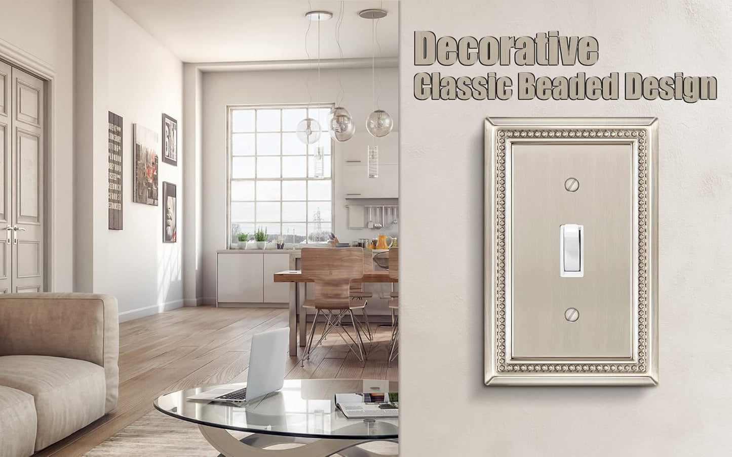 Henne Bery Sunken Pearls Heavy Duty Decorative Wall Plate Switch Plate Outlet Cover (Single Toggle, 3 Pack, Satin Nickel)