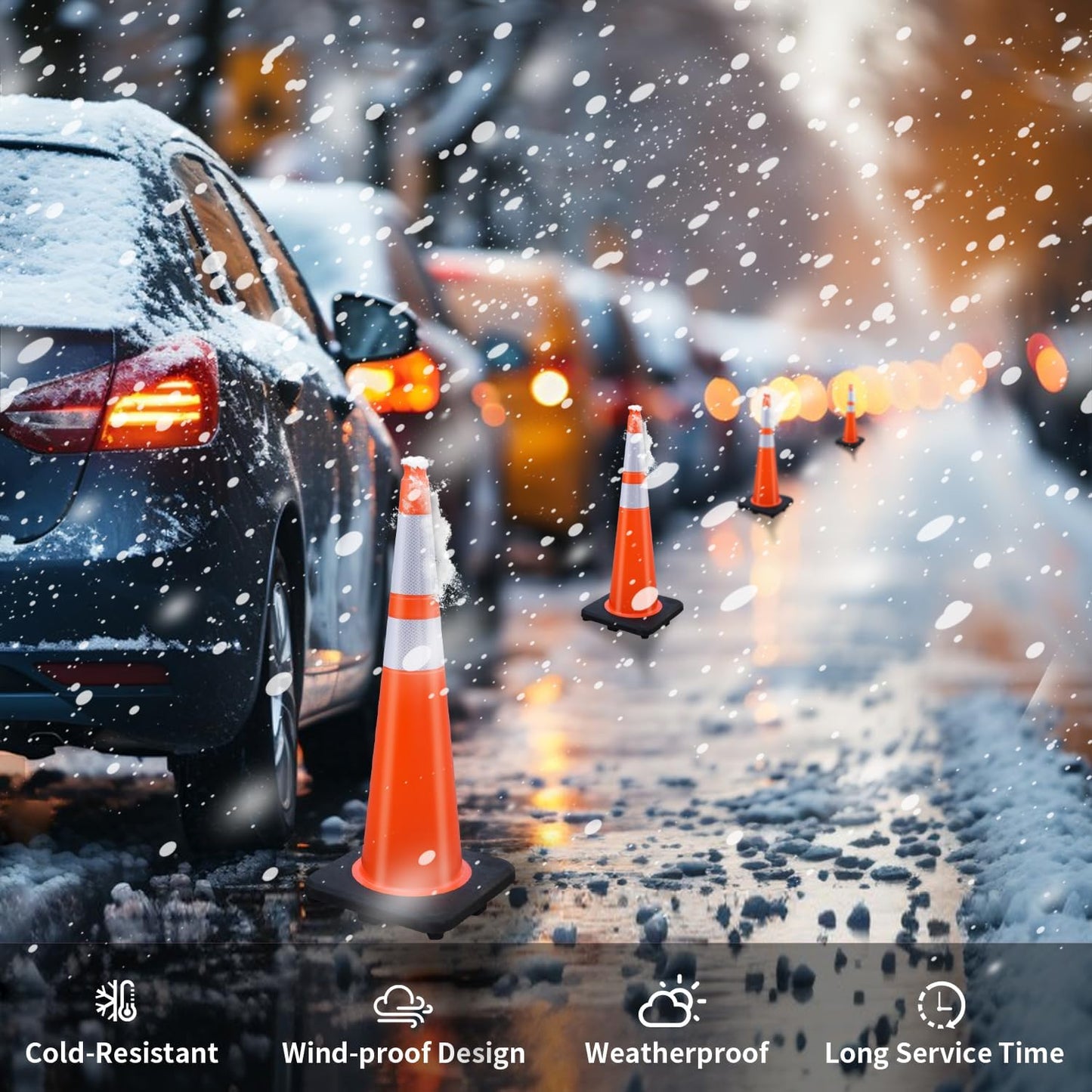 (4 Cones) BESEA 36” inch Orange PVC Traffic Cones, Black Base Construction Safety Cones Road Parking Cone Structurally Stable Wearproof (36" Height)