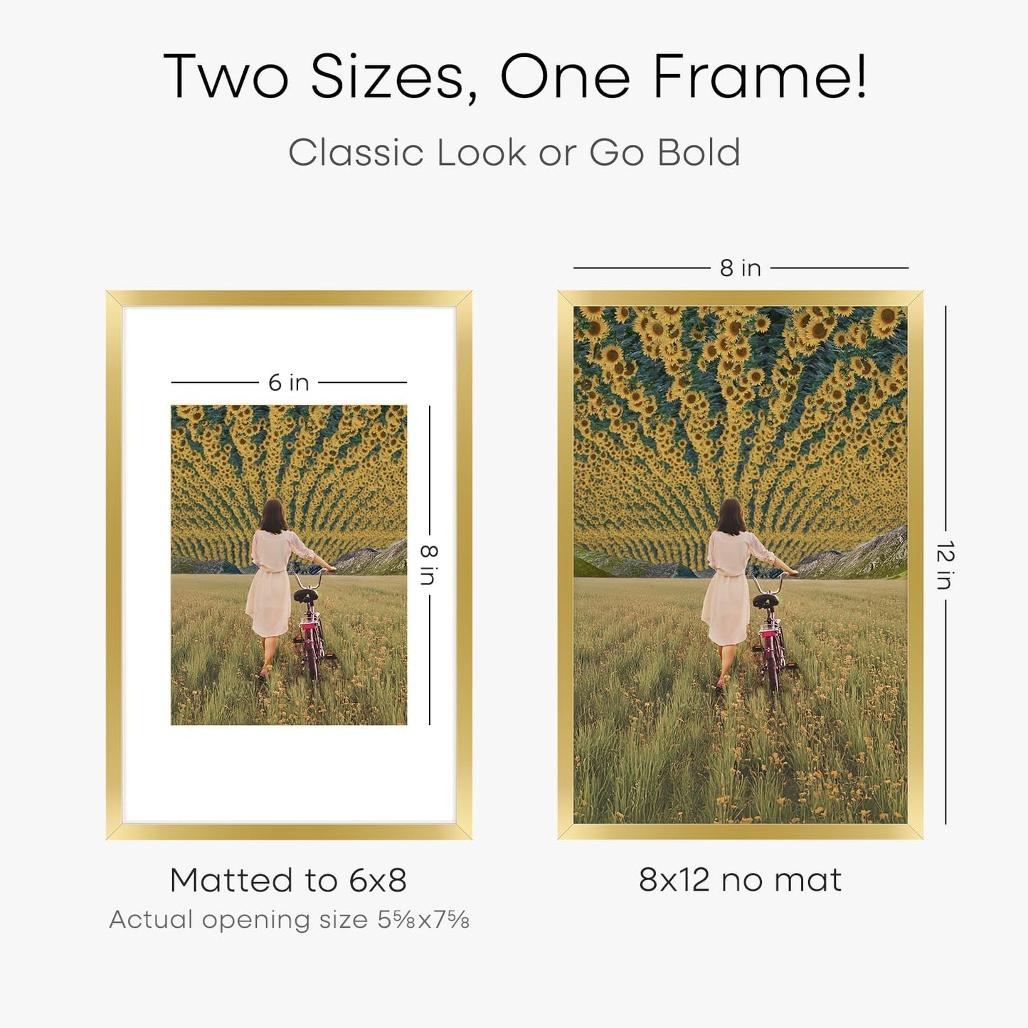 Homeforia 8x12 Picture Frame Gold, High End Metal 8 x 12 Poster Frames with Mat 6 by 8 for Photo, 12x8 Frame Matted to 6x8 inch Print, 8by12 Wall or Tabletop Frames, Tempered Glass, Wall Kit, Set of 2