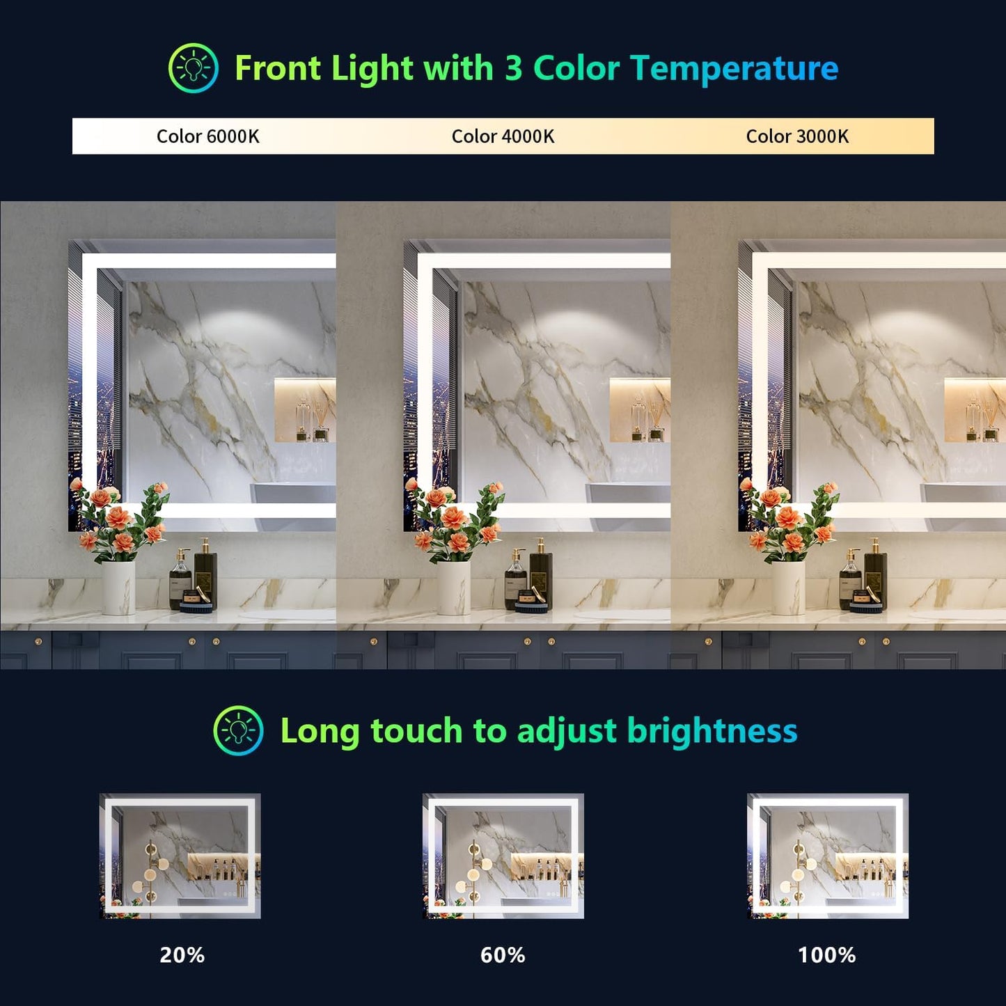 24x32 Inch RGB LED Bathroom Mirror Front Light and RGB Backlit Lighted Vanity Mirror for Bathroom Wall Mounted Dimmable Anti Fog Memory Shatter-Proof IP54 Waterproof Horizontal/Vertical