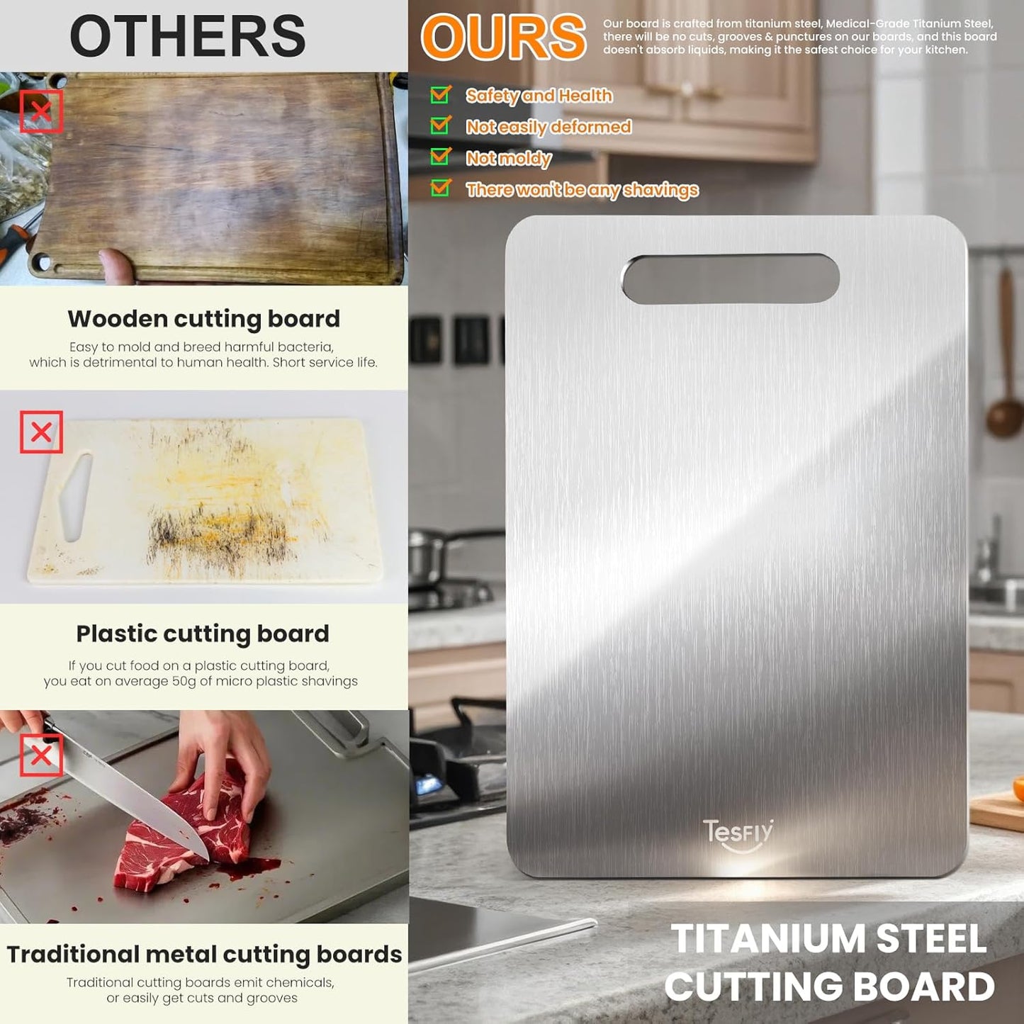 2 Pack Titanium Cutting Board-100% Pure Titanium Cutting Boards For Kitche,Easy to clean, Double-sided food-grade Cutting Board For Meats, Fruits And Vegetables (M & L)