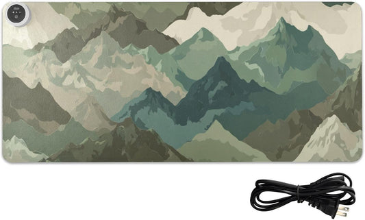 Heated Desk Pad Mouse Pad 31.5x13 Inch PU Leather Desk Mat with 3 Heat Levels Large Mouse Gaming Computer Laptop Mat Sage Green Camounflage Mountain
