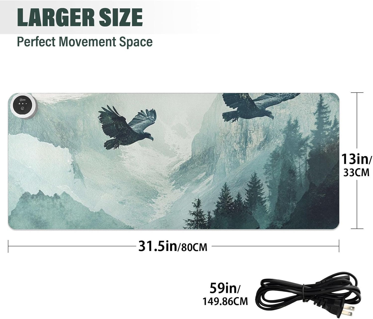 Heated Desk Pad Mouse Pad 31.5x13 Inch PU Leather Desk Mat with 3 Heat Levels Large Mouse Gaming Computer Laptop Mat Bald Eagle Mountains Green01