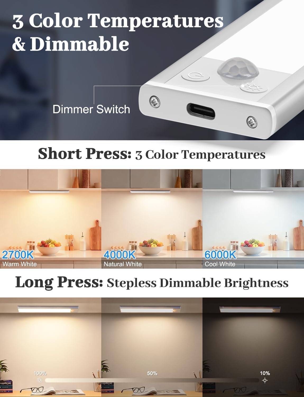 14in Under Cabinet Lighting with Charging Station, 3200mAh Rechargeable Motion Sensor Light Indoor, 3 Color Tempers Dimmable Closet Lights Wireless, Magnetic Under Cabinet Lights for Kitchen, 3-Pack