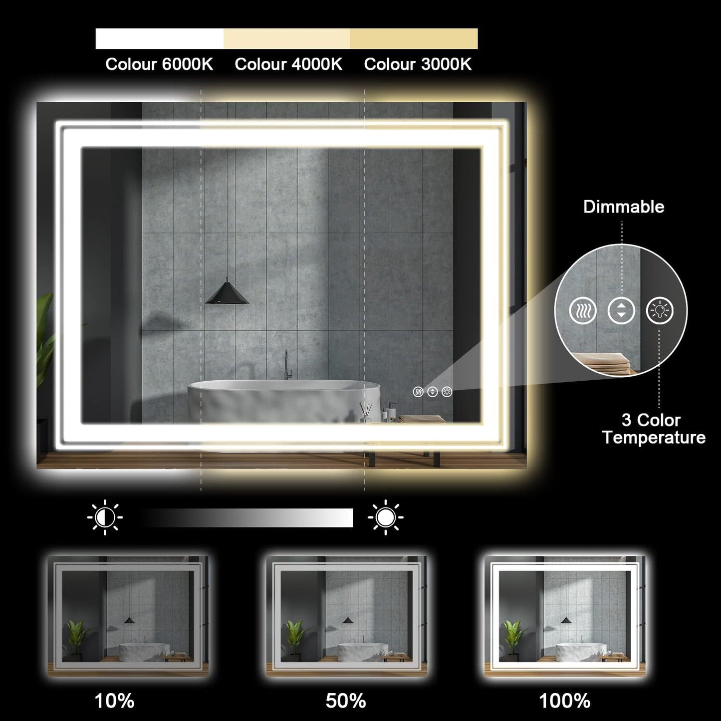 23.6" x 31.5" LED Bathroom Mirror with Lights, Front and Backlit Mirror, Anti-Fog Lighted Vanity Mirror, Stepless Dimmable, 3 Colors LED Mirror (Horizontal/Vertical)