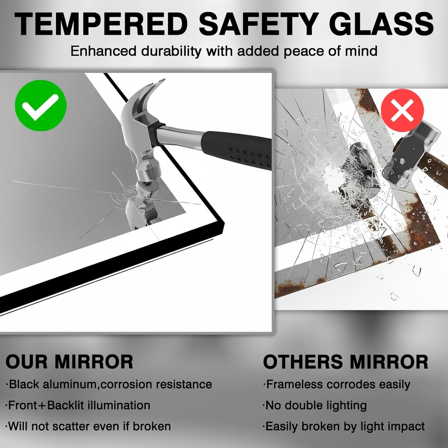 60x30 Lighted Bathroom Mirror, Wall-Mounted, Black Rim Mirror, Vanity(Front and Backlit), Stepless Dimmable CRI90+, Anti-Corrosion, Anti-Rust, Touch Sense, Memory(Horizontal/Vertical)