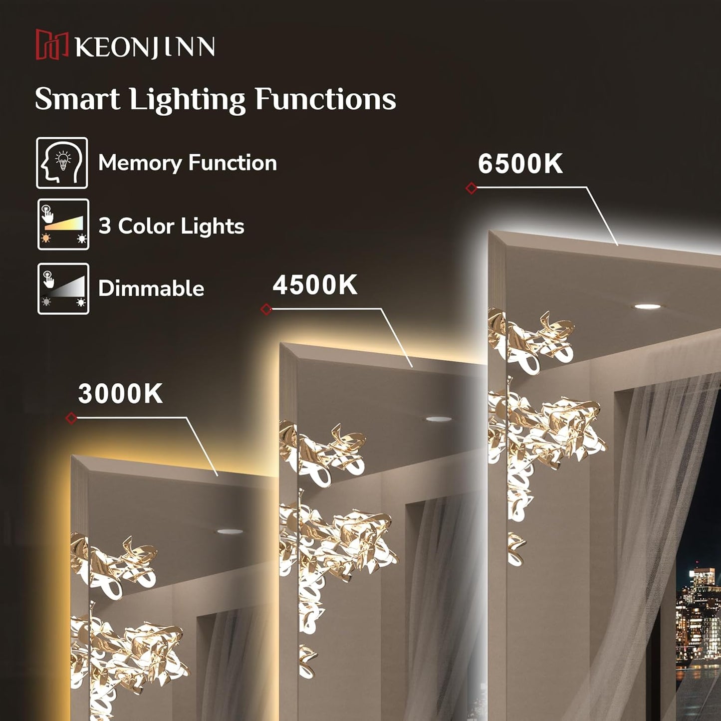 Keonjinn 42 x 36 Inch Backlit Bathroom Mirror with Lights, Frameless LED Mirror with Beveled Edge, HD Tempered Glass, UL-Listed Driver, 3000K/4500K/6500K, Defogging, Lighted Mirrors for Bathroom Wall
