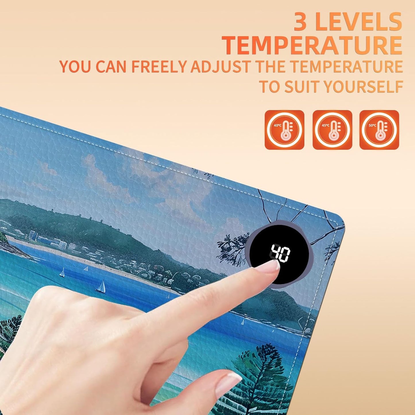 Heated Mouse Pad, Warm Desk Pad, Keyboard Mat 23.6 x 14 Inch Large Size Intelligent Fast Heating, 3 Speed Adjustable, Timed Auto Power Off for Game Office Home, Blue Sea Level Beach Woods