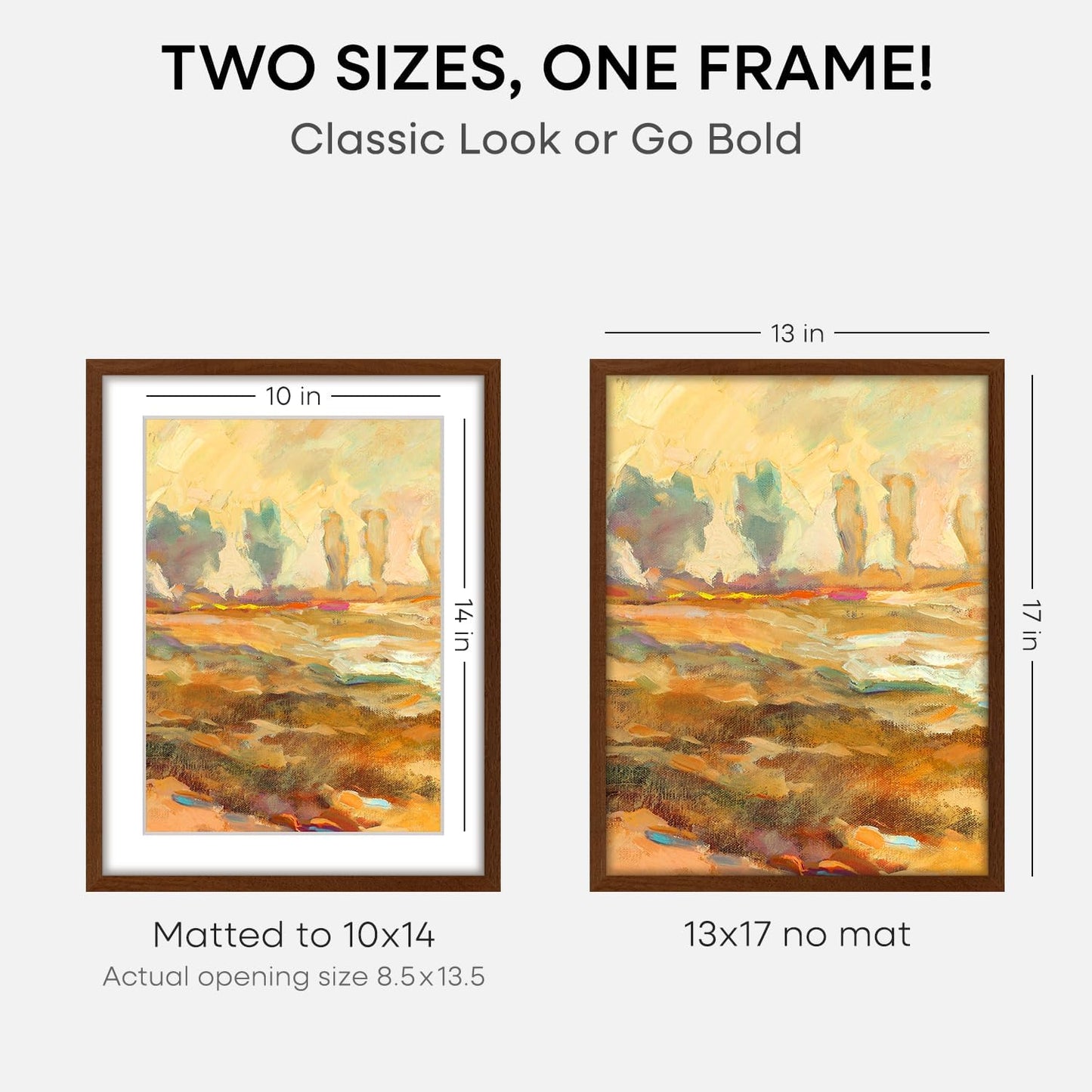 Homeforia 13x17 Picture Frame Brown, High End Dark Oak 13x17 Poster Wood Frame with Mat 10x14 for Photo, 13 x 17 Wooden Walnut Frame Matted to 10 x 14, 17x13 Frames, Tempered Glass, Wall Kit, Set of 1