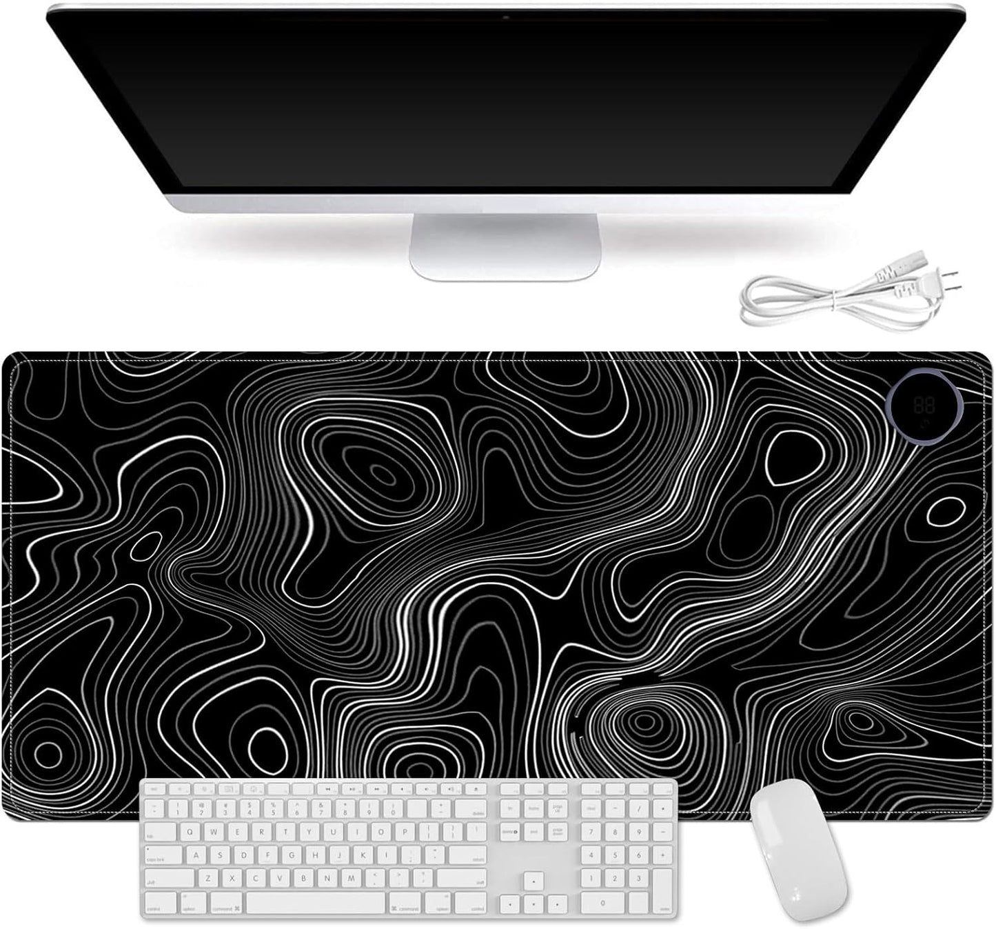 Heated Mouse Pad for Desk 31.5" x 13" – PU Leather Warm Desk Pad with 3 Heat Levels (104°F/113°F/122°F), Plug-in Electric Heating Mat with Auto Shut-Off, Waterproof & Rollable, Topographic Lines
