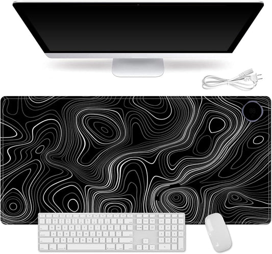 Heated Mouse Pad for Desk 31.5" x 13" – PU Leather Warm Desk Pad with 3 Heat Levels (104°F/113°F/122°F), Plug-in Electric Heating Mat with Auto Shut-Off, Waterproof & Rollable, Topographic Lines
