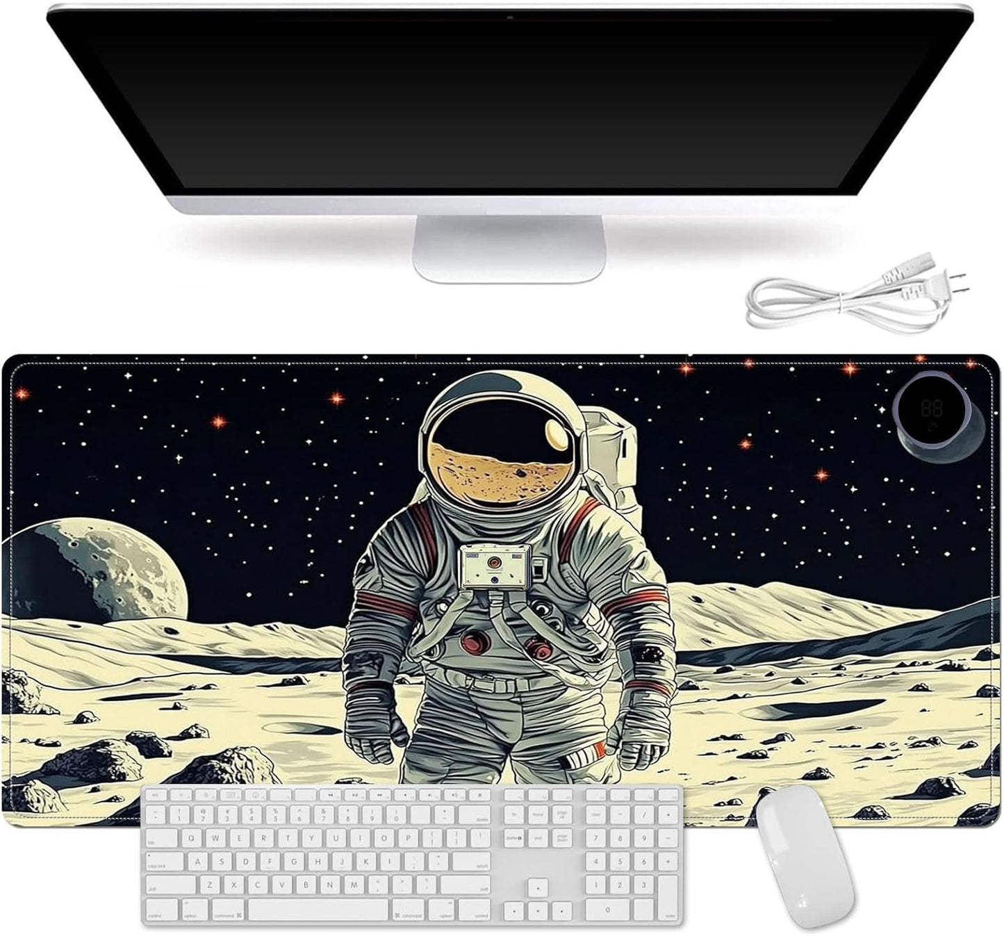 Heated Mouse Pad for Desk 31.5" x 13" – PU Leather Warm Desk Pad with 3 Heat Levels (104°F/113°F/122°F), Plug-in Electric Heating Mat with Auto Shut-Off, Waterproof & Rollable, Astronaut on Moon