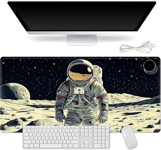 Heated Mouse Pad for Desk 31.5" x 13" – PU Leather Warm Desk Pad with 3 Heat Levels (104°F/113°F/122°F), Plug-in Electric Heating Mat with Auto Shut-Off, Waterproof & Rollable, Astronaut on Moon