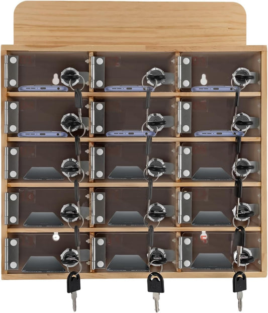 15 Slot Lockable Cell Phone Locker Box, Wall-Mounted/Freestanding Clear Acrylic & Wood Cell Phone Storage Cabinet with Door Locks and Keys for Classroom, Office, and School Employees