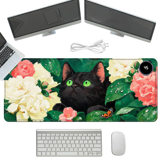 Heated Mouse Pad with 3 Temperature Settings(104°F–122°F),Large 31.5x13 Inch PU Leather Heated Desk Mat,Waterproof Warming Pad for Office,Gaming & Cold Hands Relief,Flower Black Cat Art