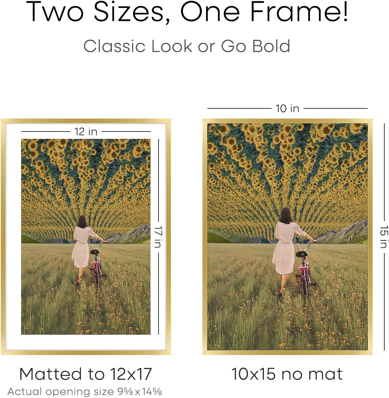 Homeforia 12x17 Picture Frame Gold, High End Metal 12x17 Poster Frames with Mat 10x15 Photo, 12 x 17 Gold Frame Matted to 10 by 15 Print, 17by12 Thin Hanging Frames, Tempered Glass, Wall Kit, Set of 3