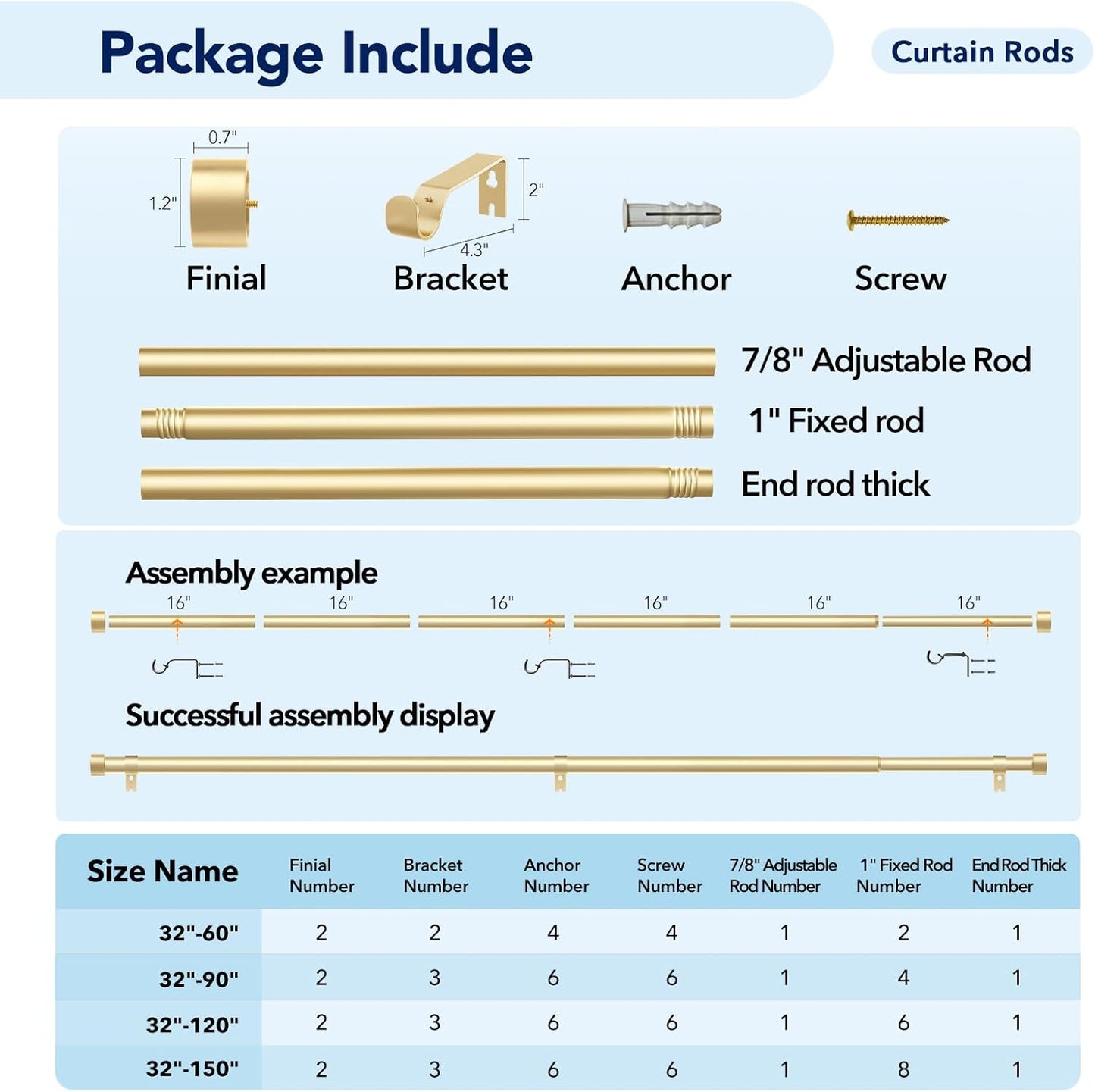 2 Pack Curtain Rods for Windows 66 to 120 Inch(5.5-10ft), 1 Inch Gold Heavy Duty Curtain Rods Set, Adjustable Extra Long Curtain Rod for Patio Bedroom, Outdoor Drapery Rods, Size 32"- 120"