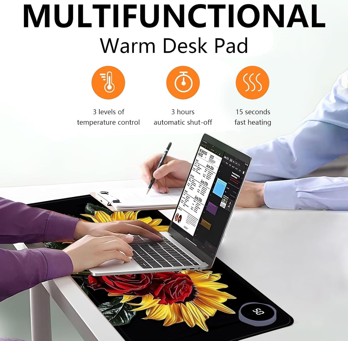 Heated Mouse Pad with 3 Levels Heated & 3 Hours Auto Shut-Off Mouse Pad for Warming Hands in Office Home, 23.6" x 14.2"Large Safe Desk Mat Hand Warmer，Rose Sunflower