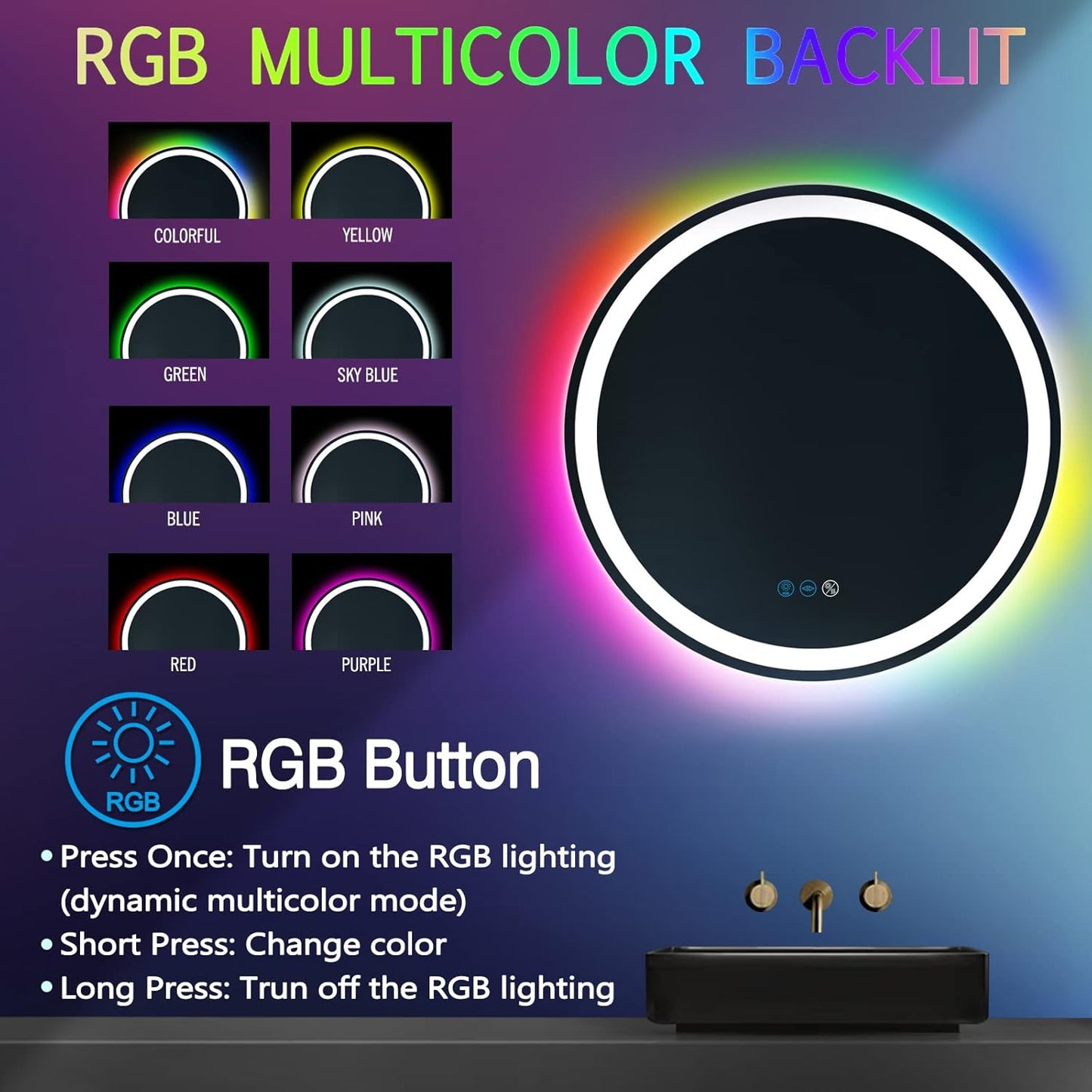 24 Inch Round LED Bathroom Mirror with Lights 3 Color+ Rainbow RGB 7 Color Changing Backlit Round Lighted Mirror for Bathroom Wall AntiFog 24 Mood Change Light RGB Smart Circle Round LED Mirror