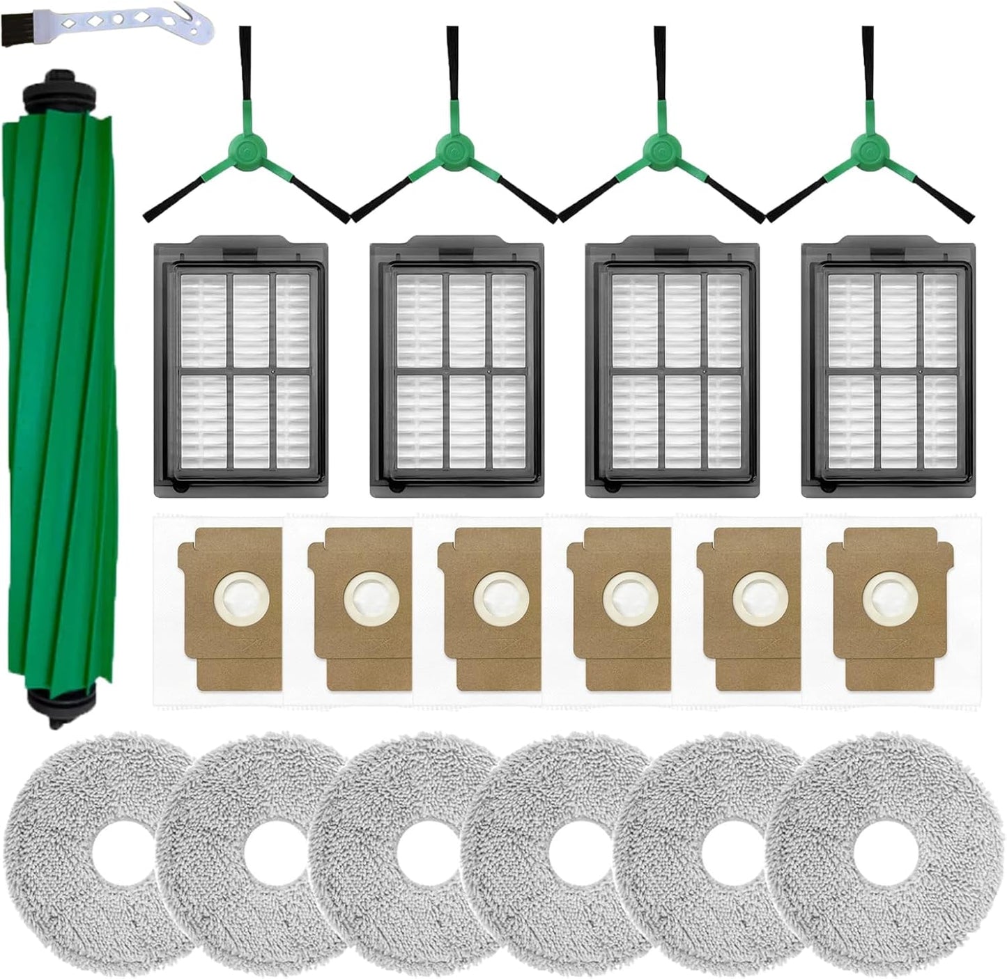 22pcs Replacement Parts for iRobot Roomba Plus 405 Combo/505 Combo Robot Vacuum Cleaner, Accessories Kit Include 1 Main Brush, 6 Dust Bags, 6 Mop Pads, 4 HEPA Filters, 4 Side Brushes and 1Tool