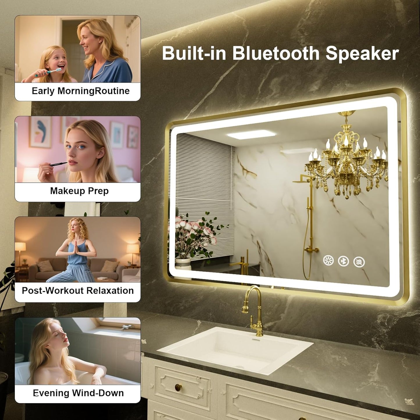 24''x36'' Gold Framed LED Bathroom Mirror with Lights, Built-in Bluetooth Speaker, Dimmable Lighted Bathroom Vanity Mirror with 3 Colors, Backlit + Frontlit, Memory Function, Anti-Fog