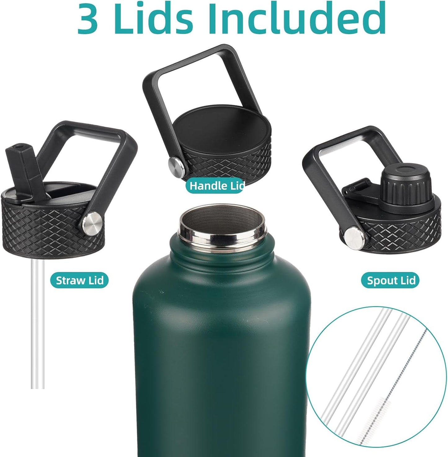 Half Gallon Insulated Water Bottle with Straw,64 oz 3 Lids Water Jug with Carrying Bag,Paracord Handle,Double Wall Vacuum Stainless Steel Metal Flask,Dark Green