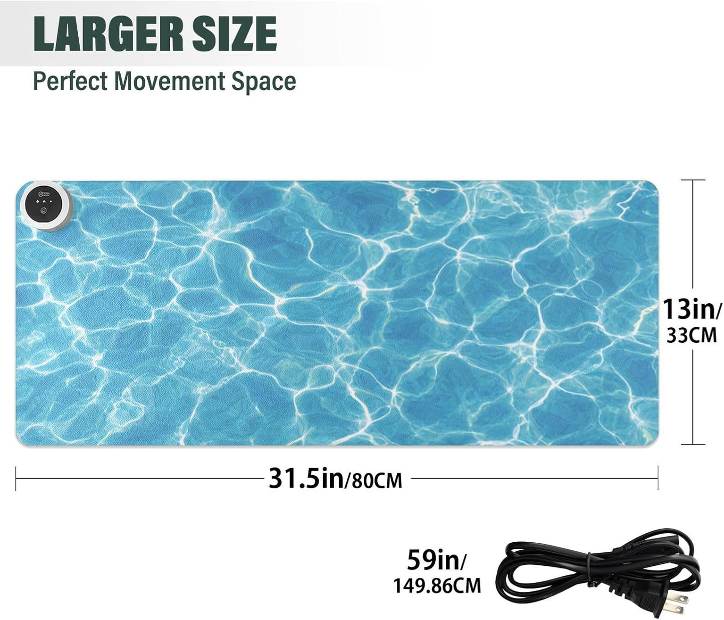 Heated Desk Pad Mouse Pad 31.5x13 Inch PU Leather Desk Mat with 3 Heat Levels Large Mouse Gaming Computer Laptop Mat Bright Blue Pool Ripples