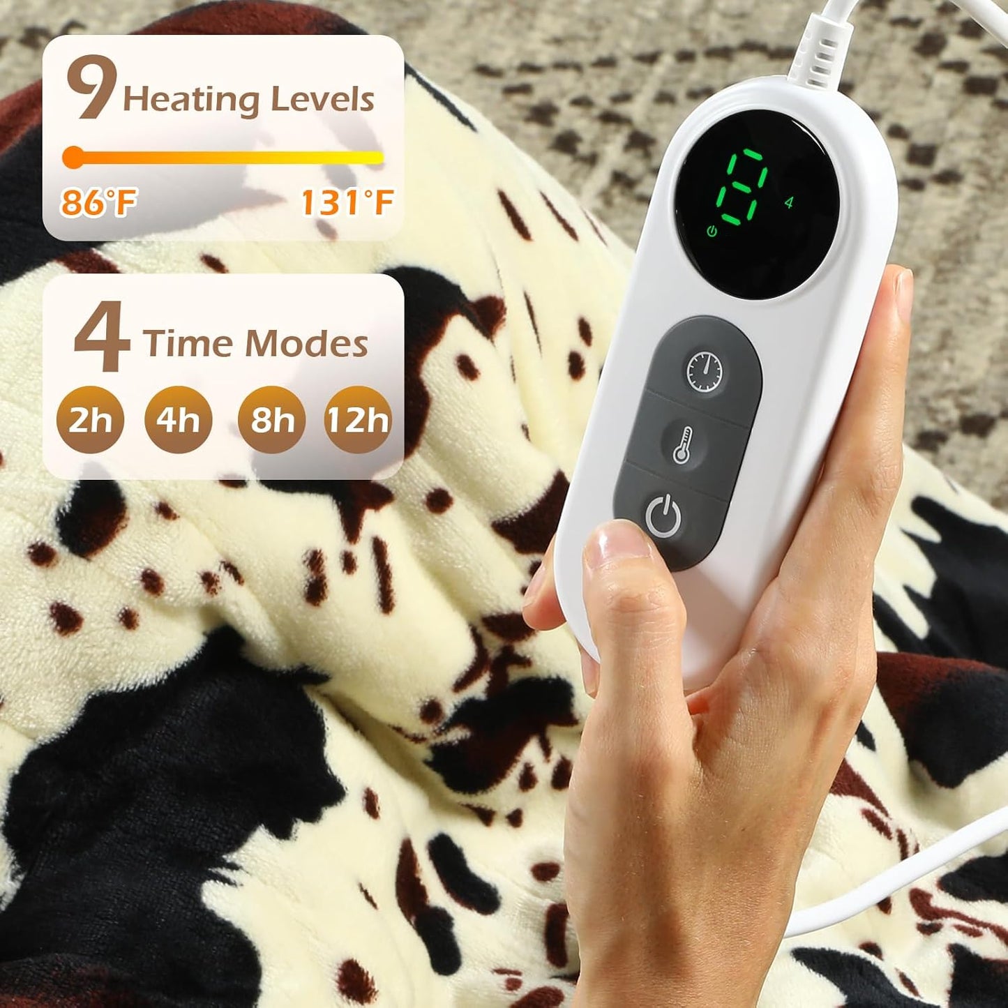 Heated Throw Blanket, 50"x60" Cow Print Electric Throw Heating Blanket, Cozy Soft Flannel Sherpa Heating Blankets with 9 Heat Levels & 2/4/8/12H Auto-Off