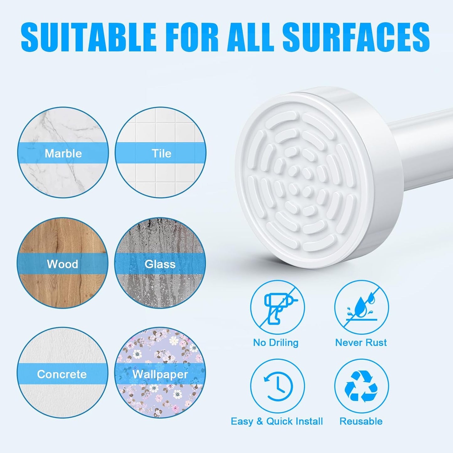 TEECK Shower Curtain Rod, 32-68 inch Adjustable Spring Tension Curtain Rod, Never Rust Anti-Slip Shower Curtain Rod for Bathroom, No Drilling, Never Collapse, Easy to Use, White