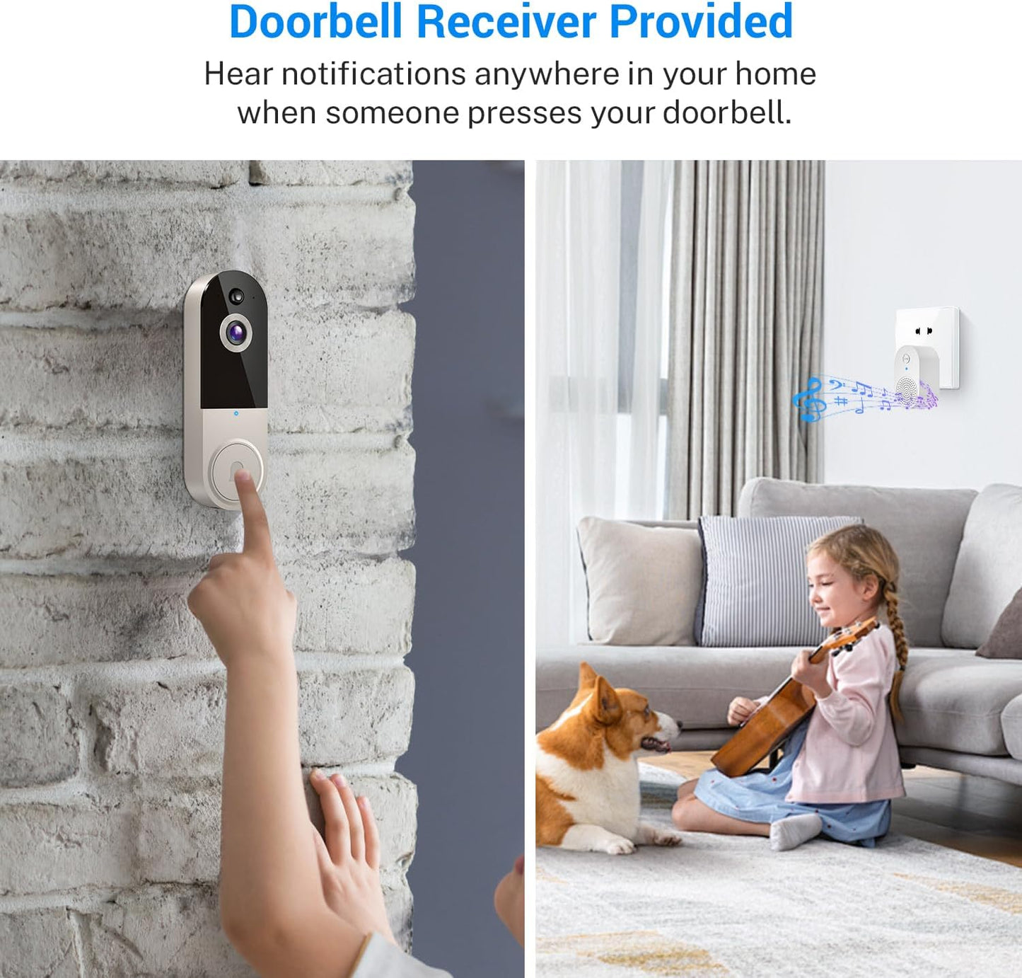 1080p Wireless Video Doorbell Camera with Indoor Receiver, AI Human Detection, 2-Way Audio, Night Vision, Cloud Storage, Real-Time Alerts, 2.4G Wi-Fi Only (Linen)