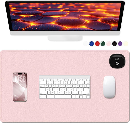 Heated Desk Pad, 23.6" x 14.2" Leather Non-Slip Warm Desk Pad, Large Mouse Mat with 3 Levels Heating & 3 Hours Auto Shut-Off, Hand and Foot Warmer for Office, Home, Pink