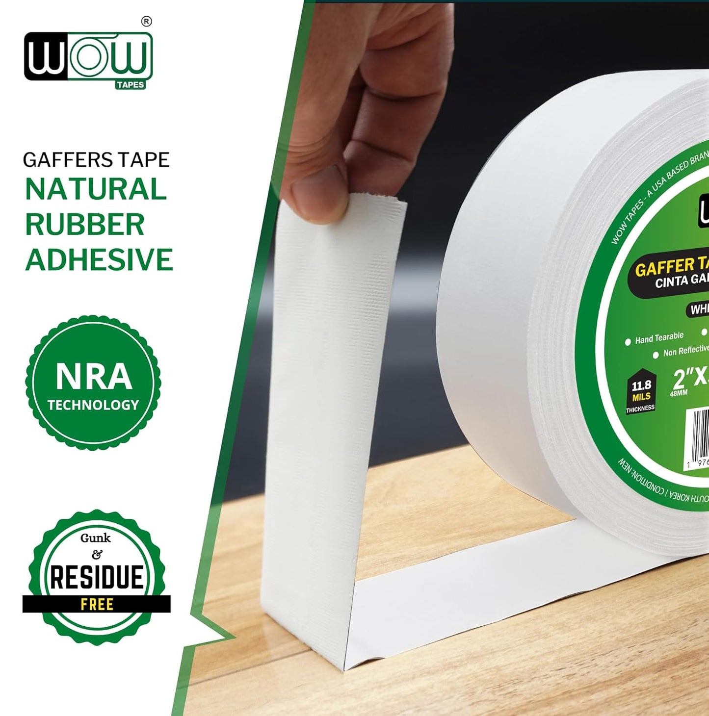 Wow Gaffers Tape 2 Inch White - 50 Yards (Pack of 2), Residue Free, Non-Reflective & Heavy-Duty - Professional Grade Gaff Tape - Ideal for Photography Backdrop, Cables, Cords & Floor Taping