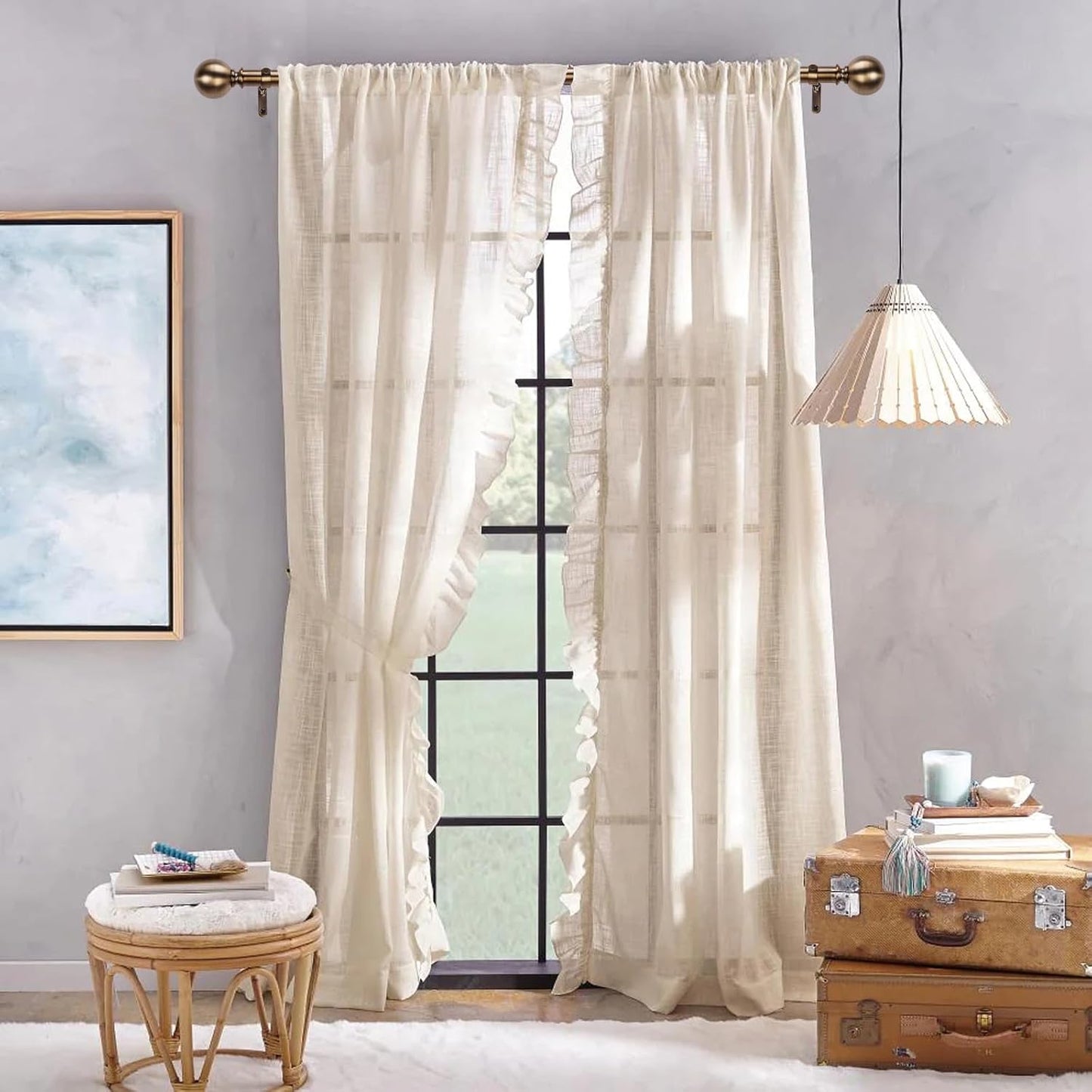 Brass Curtain Rods for Windows 18 to 145 inches, 1 Inch Modern Metal Drapery Rods, Adjustable Heavy Duty Curtain Pole with Round Finials(18"-145"Antique Brass)