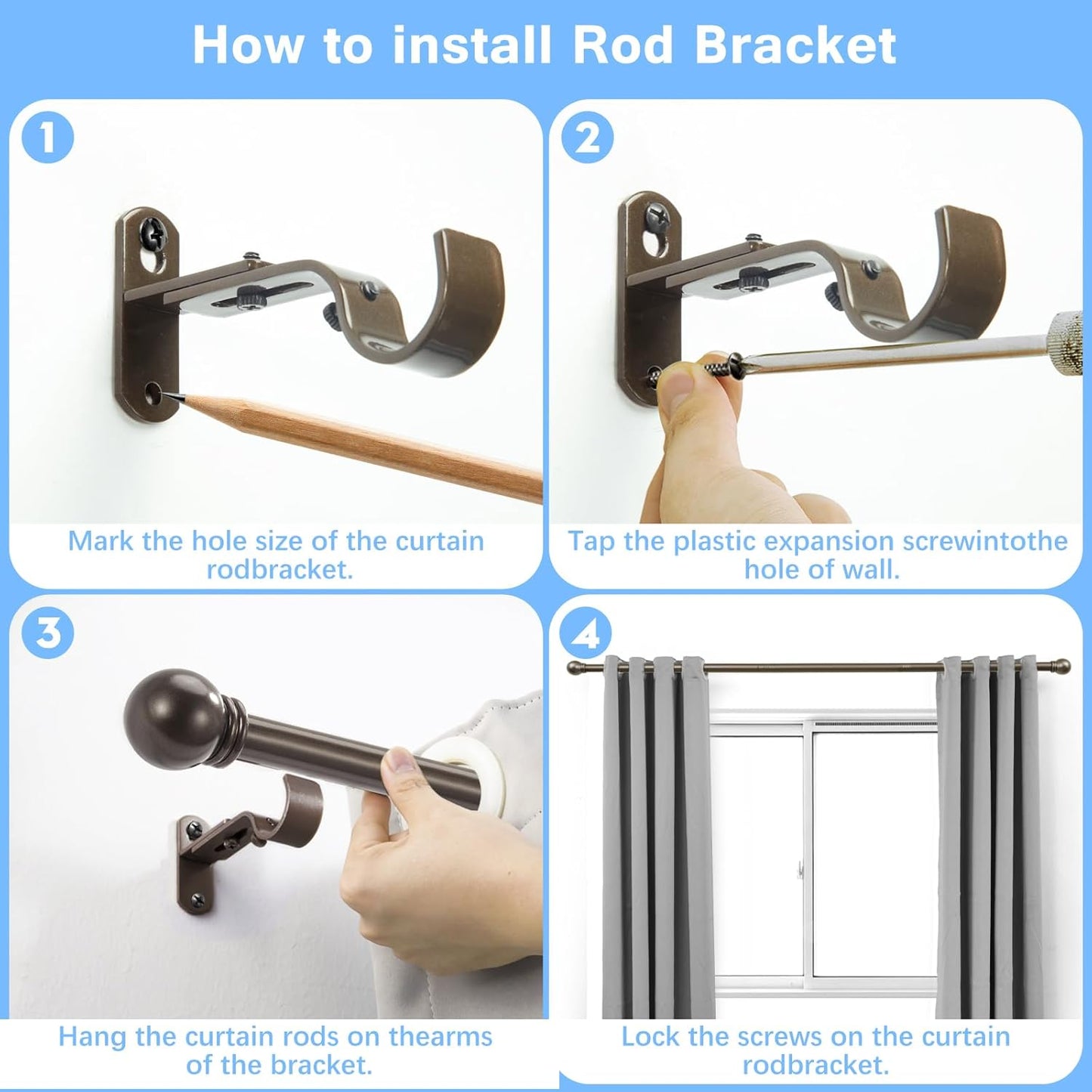 Curtain Rods for Windows 16 to 136 Inches, Curtain Rod Max Adjustable Length of 144 IN, 1" Diameter Drapery Rods Round Finials, Brown, Pack of 1