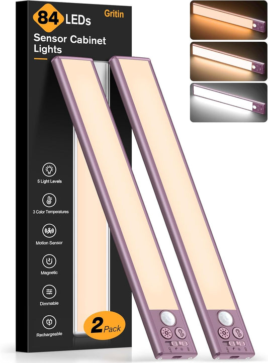 Gritin 10.2inch Under Cabinet Lighting Rechargeable -84 LED Super Bright,3-Color& 5 Level Brightness,4 Modes,Motion Sensor, Long Lasting- Easy Installation Magnetic Closet Lights -2 Pack-Mauve