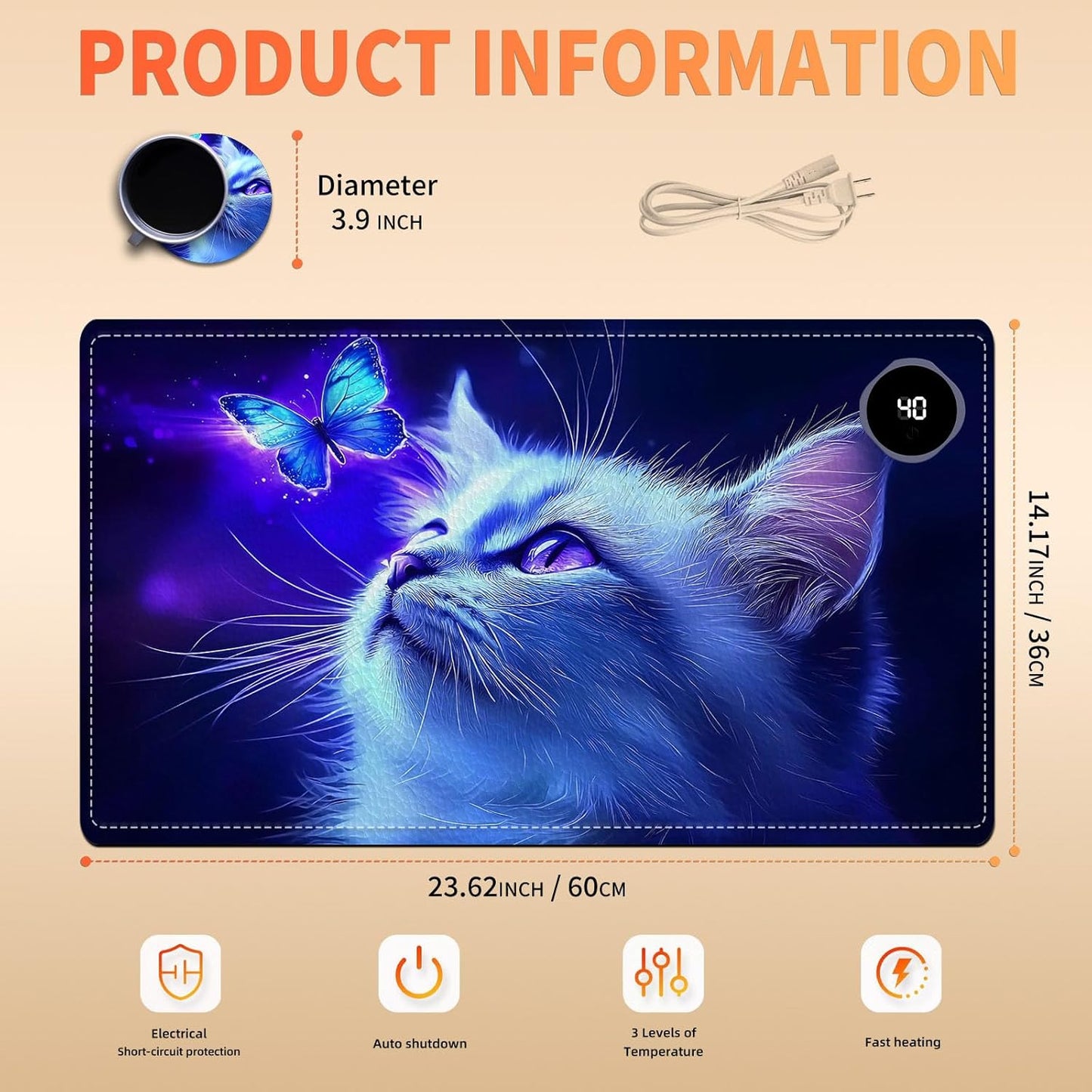 Heated Mouse Pad, Warm Desk Pad, Keyboard Mat 23.6 x 14 Inch Large Size Intelligent Fast Heating, 3 Speed Adjustable, Timed Auto Power Off for Game Office Home, Blue Cat Butterfly