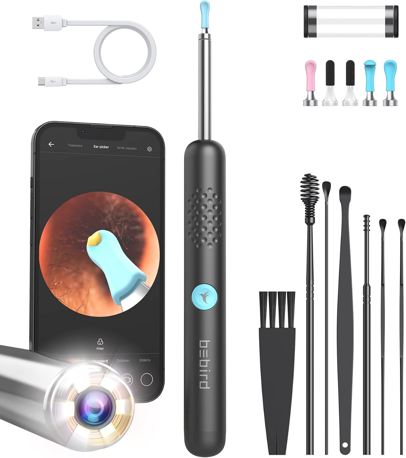 BEBIRD Ear Wax Removal Tool with HD Camera - R1 Upgraded Smart Visual Ear Cleaner with Otoscope, Ear Viewer with 6 LED Light & Multi Replacement Tips for Cleaning Earwax & Inspection Kits