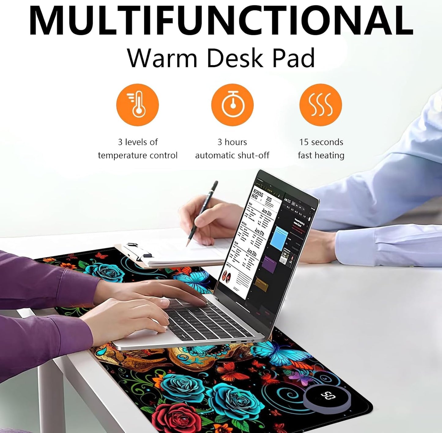 Heated Mouse Pad with 3 Levels Heated & 3 Hours Auto Shut-Off Mouse Pad for Warming Hands in Office Home, 23.6" x 14.2"Large Safe Desk Mat Hand Warmer，Skull Butterfly Blue Rose