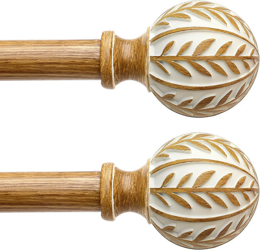 2 Pack Boho Wood Curtain Rods for Windows 28 to 48 inch,1" Adjustable Heavy Duty Window Curtain Rod with Imitation Wood Grain Finials,Rustic Decorative Drapery Rods Set 18-60'',Maple Wood
