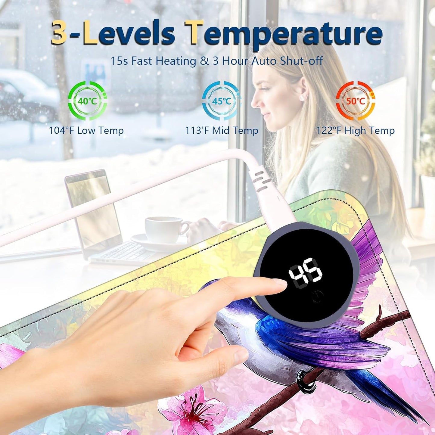 Heated Mouse Pad with 3 Temperature Settings(104°F–122°F),Large 24x14.2 Inch PU Leather Heated Desk Mat,Waterproof Warming Pad for Office,Gaming & Cold Hands Relief,Hummingbird Cherry Bloom