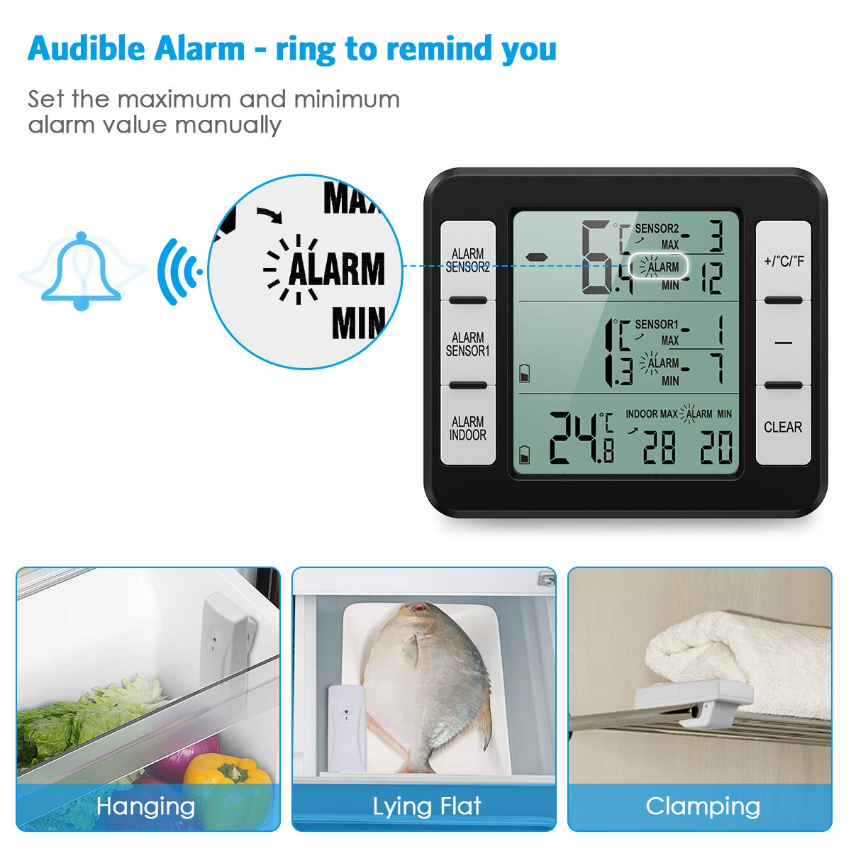 (New Version) AMIR Refrigerator Thermometer, Wireless Indoor Outdoor Thermometer, Sensor Temperature Monitor with Audible Alarm Temperature Gauge for Freezer Kitchen Home (Battery not Included)