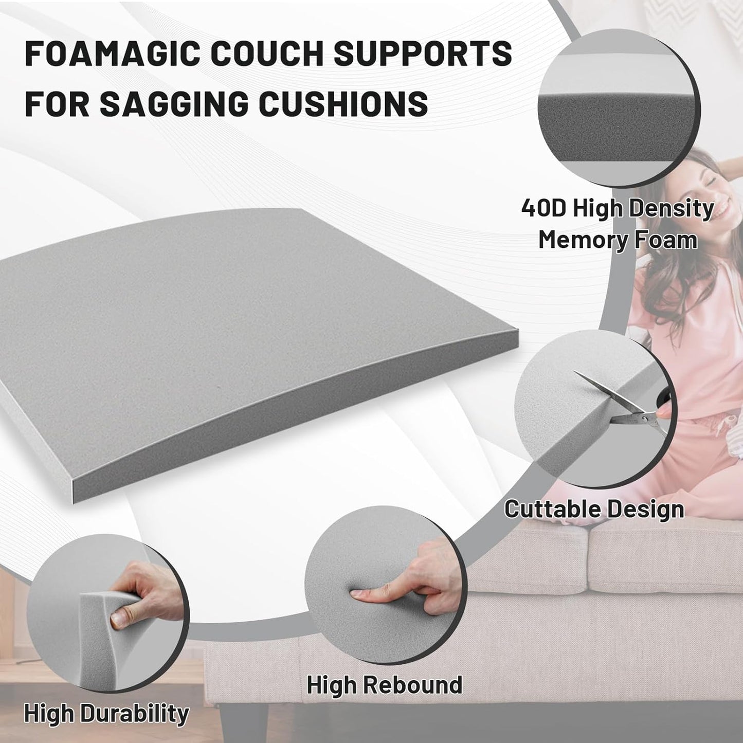 Couch Cushion Support for Sagging Seat – 3 Pack 20x20x3.15 Inch Sofa Cushion Board Saver & Replacement Insert for Saggy Couch or Chair, Quick No-Tool Install with 40D High Density Foam