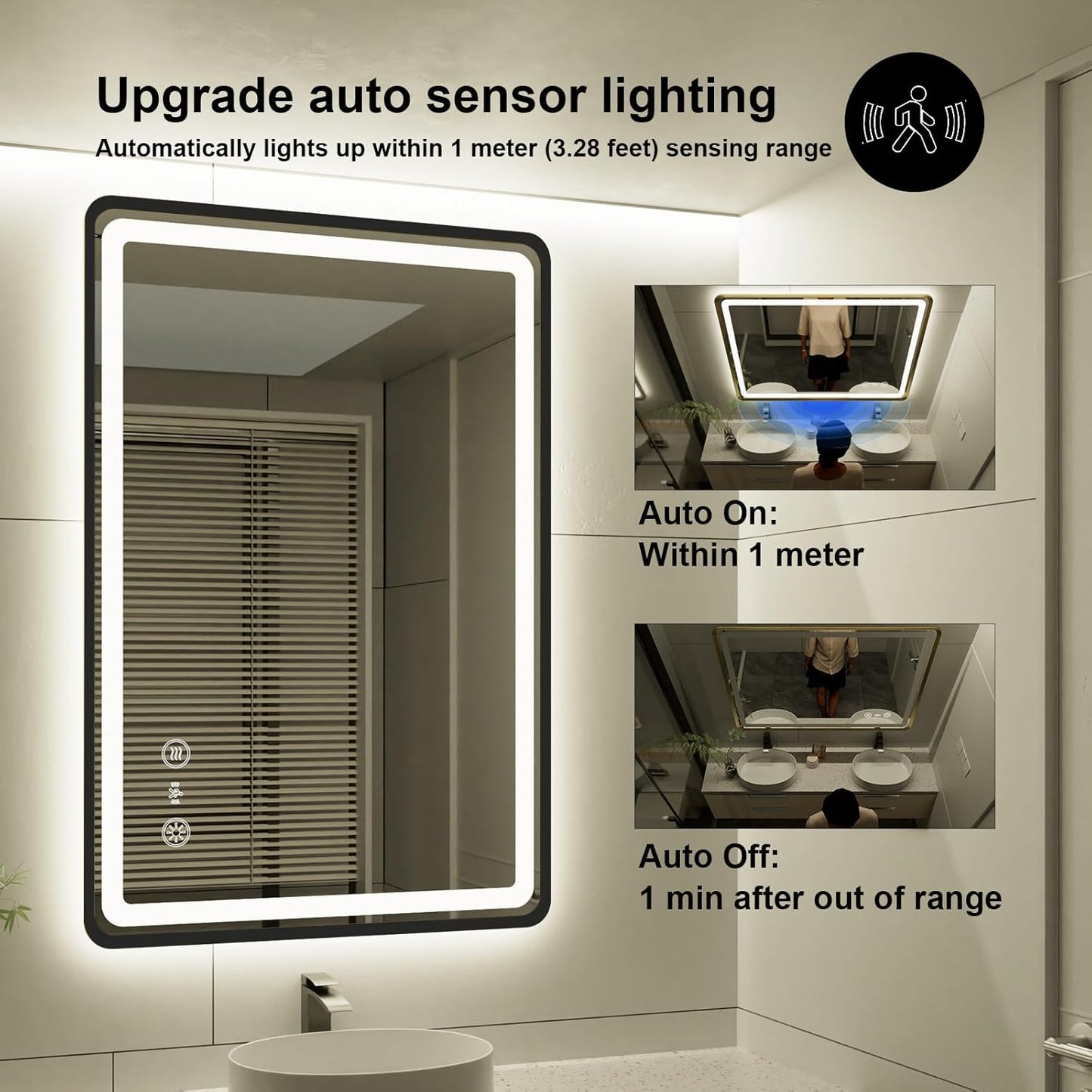 24x36 Inch LED Bathroom Mirror with Auto Sensor Lights, Black Framed Wall Bathroom Mirror, Backlit & Frontlit, Dimmable, Anti-Fog, 3 Colors, Memory Function, Smart Lighted Mirror for Vanity