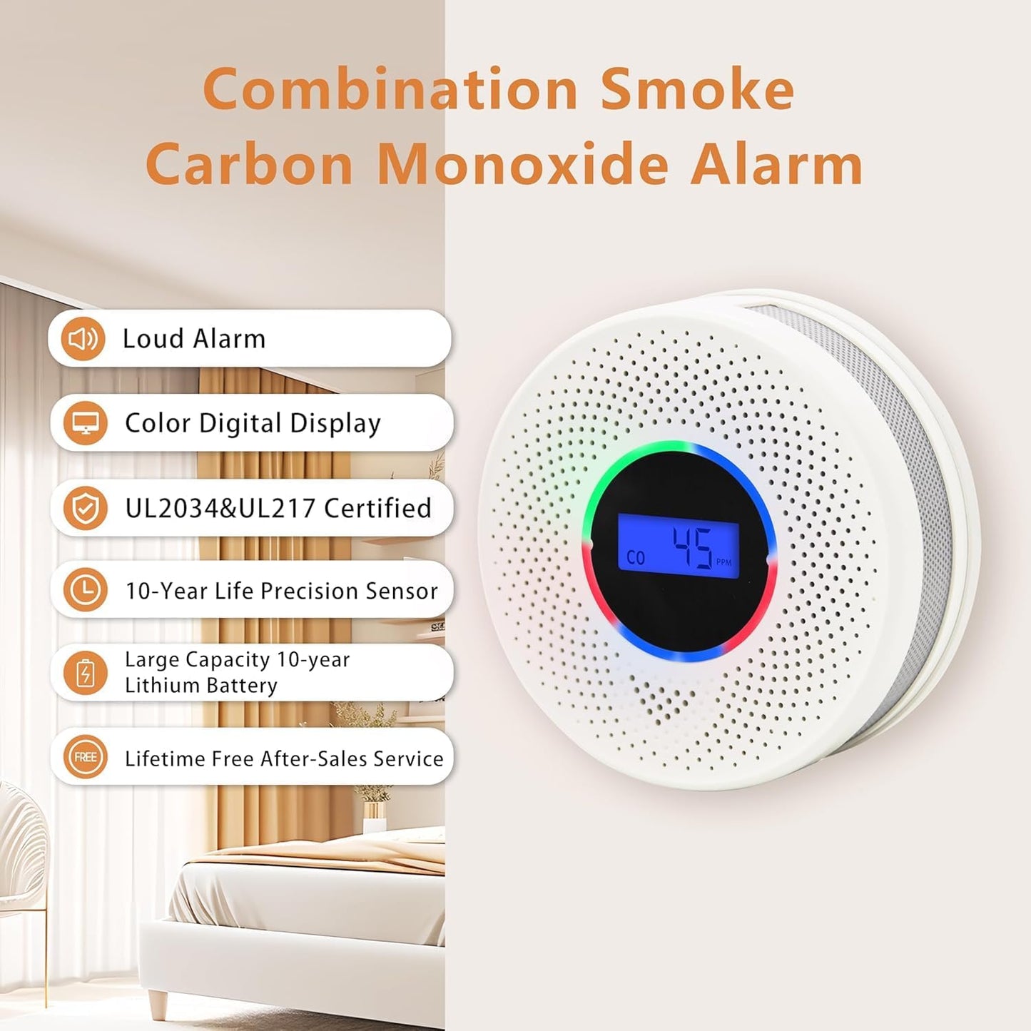 10-Year Battery Smoke and Carbon Monoxide Detector, 2-in-1 Smoke CO Alarm with Digital Display, Reliable Fire and CO Alarm for Home, Bedroom, Kitchen (5 Pack)