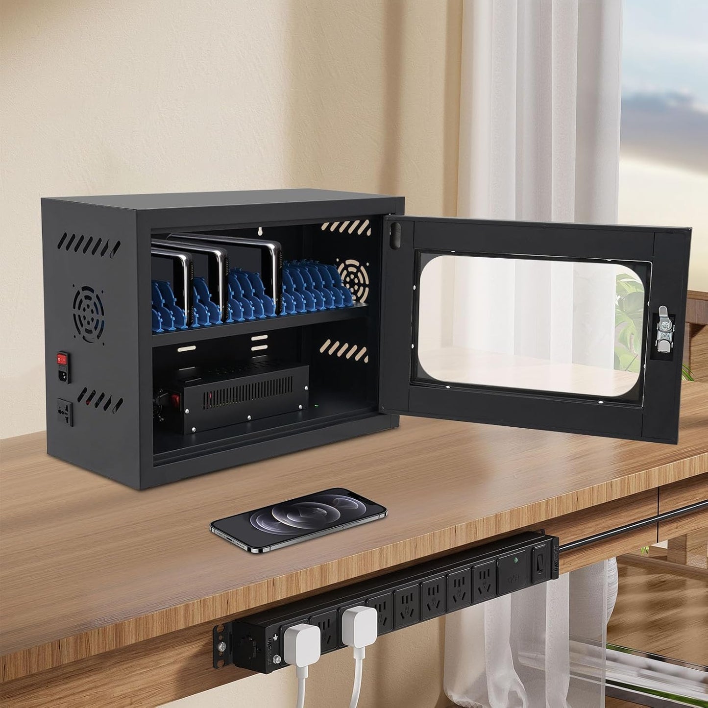 20-Device Charging Station, 200W USB Cell Phone Charge Stations, Tabletop Wall-Mount Charging Cabinet for for ＜8'' Size Cellphones & Tablet Computers