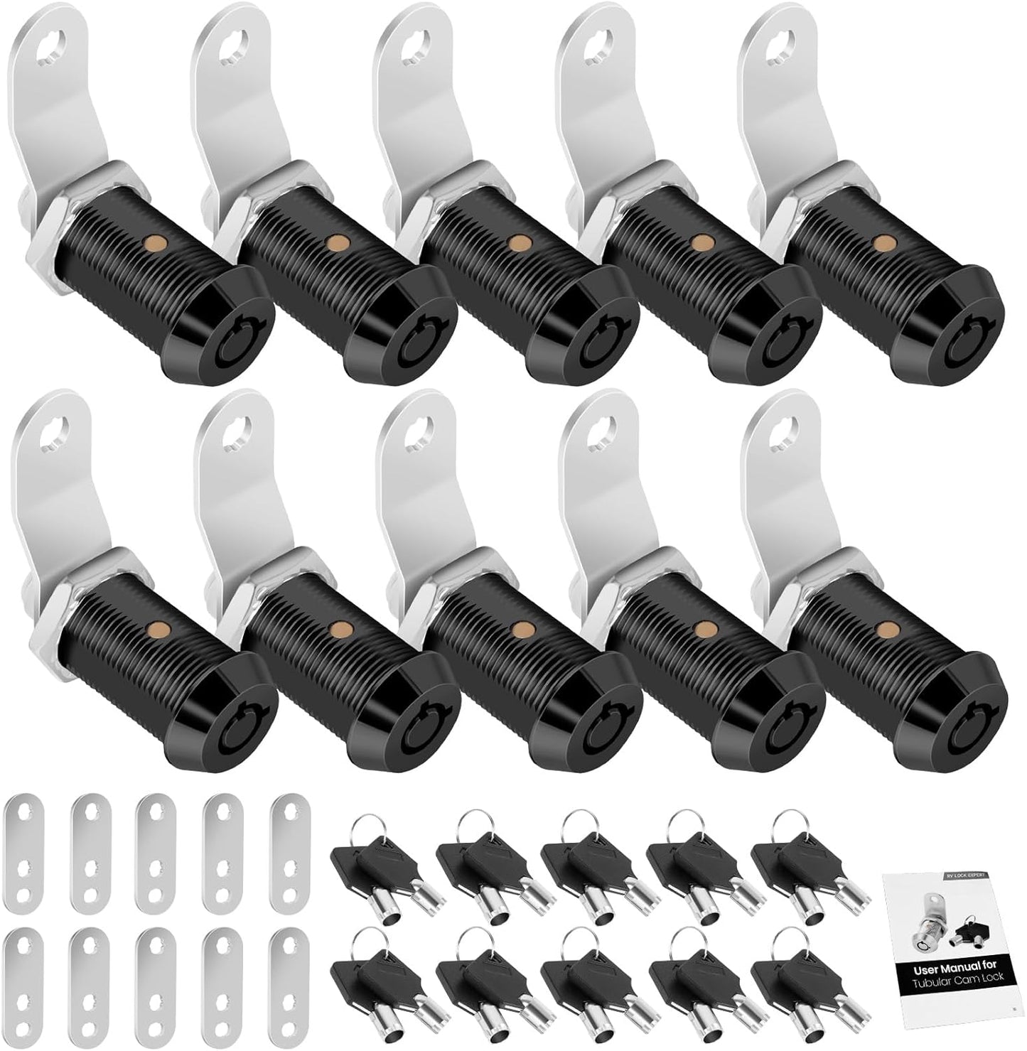 10 Pack Cabinet Lock with Keys, 1-1/8" RV Storage Lock Keyed Alike, RV Locks for Storage Door, Camper Cabinet Door Toolbox Lock Mailbox RV Cam Locks with Manual (Black -10 Pack, 1-1/8 Inch)