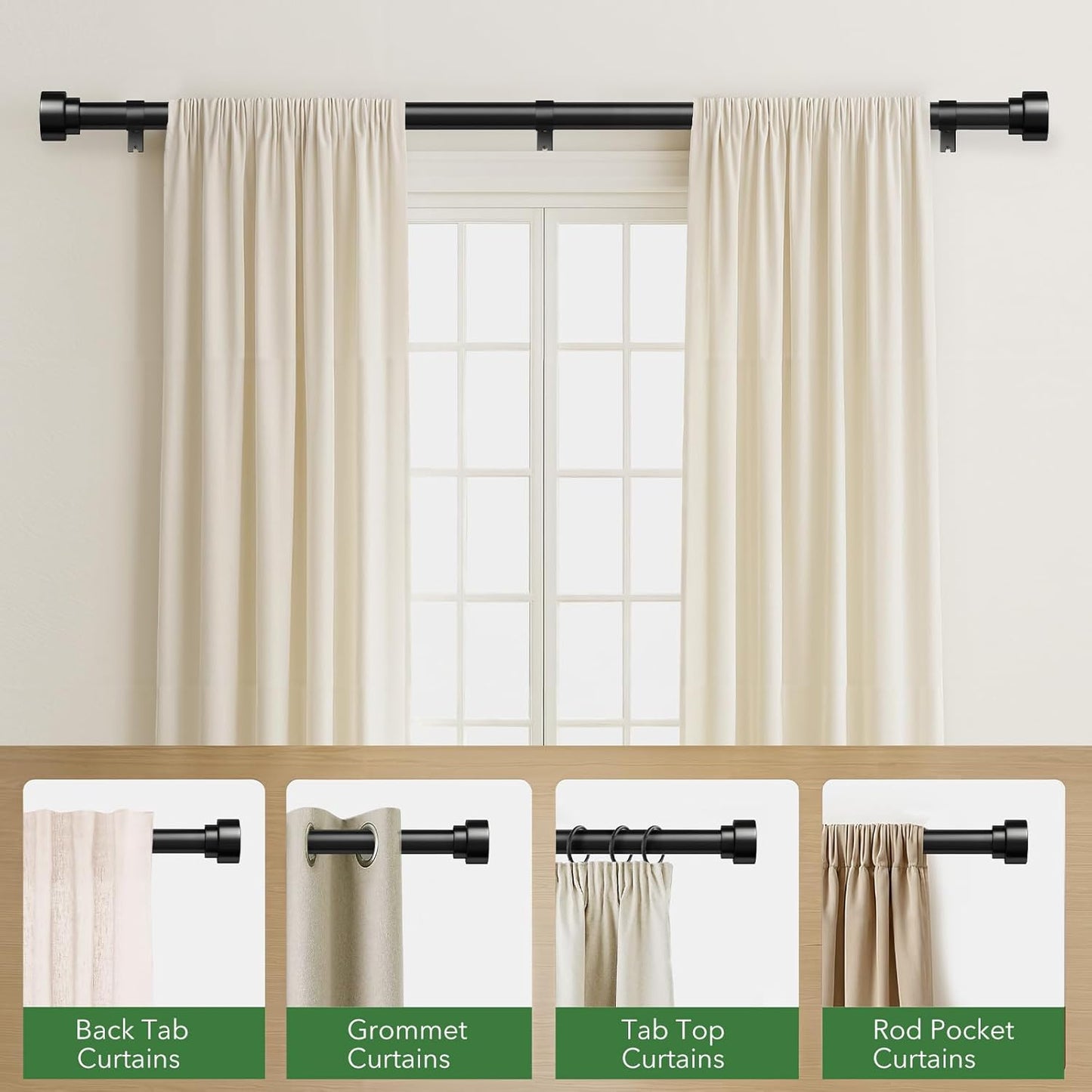 2 Pack Black Curtain Rods for Windows 48 to 84, 1 Inch Adjustable Heavy Duty Long Window Curtain Rod with End Caps, Modern Indoor Outdoor Drapery Rods for Patio Bedroom, Size 32" - 90"