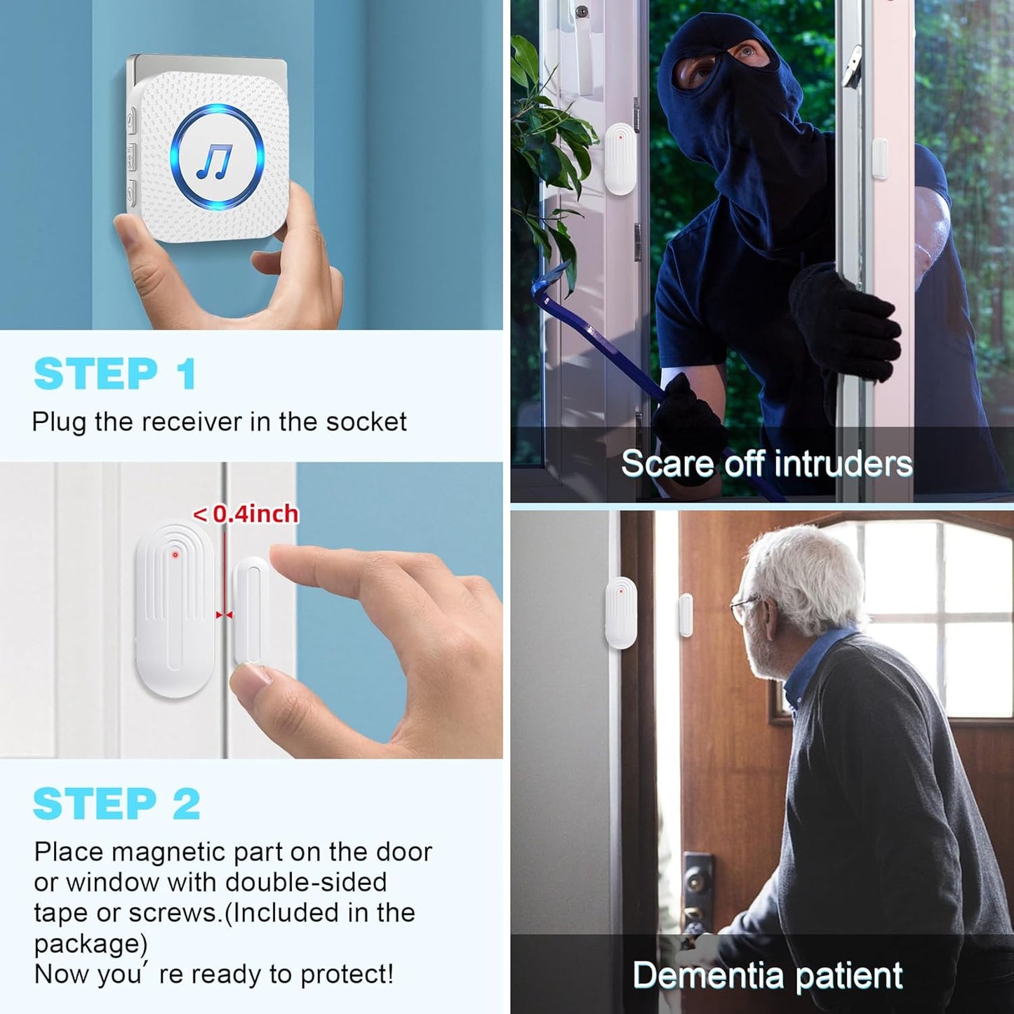 SanJie Door Chimes When Door Opens for Home - Door Alarm with Chime Adjustable Volume,5 Magnetic Door Sensors & 2 Plug-in Receivers - Door Open Chime - Indoor Range 500ft 2 Receivers + 5 Sensors