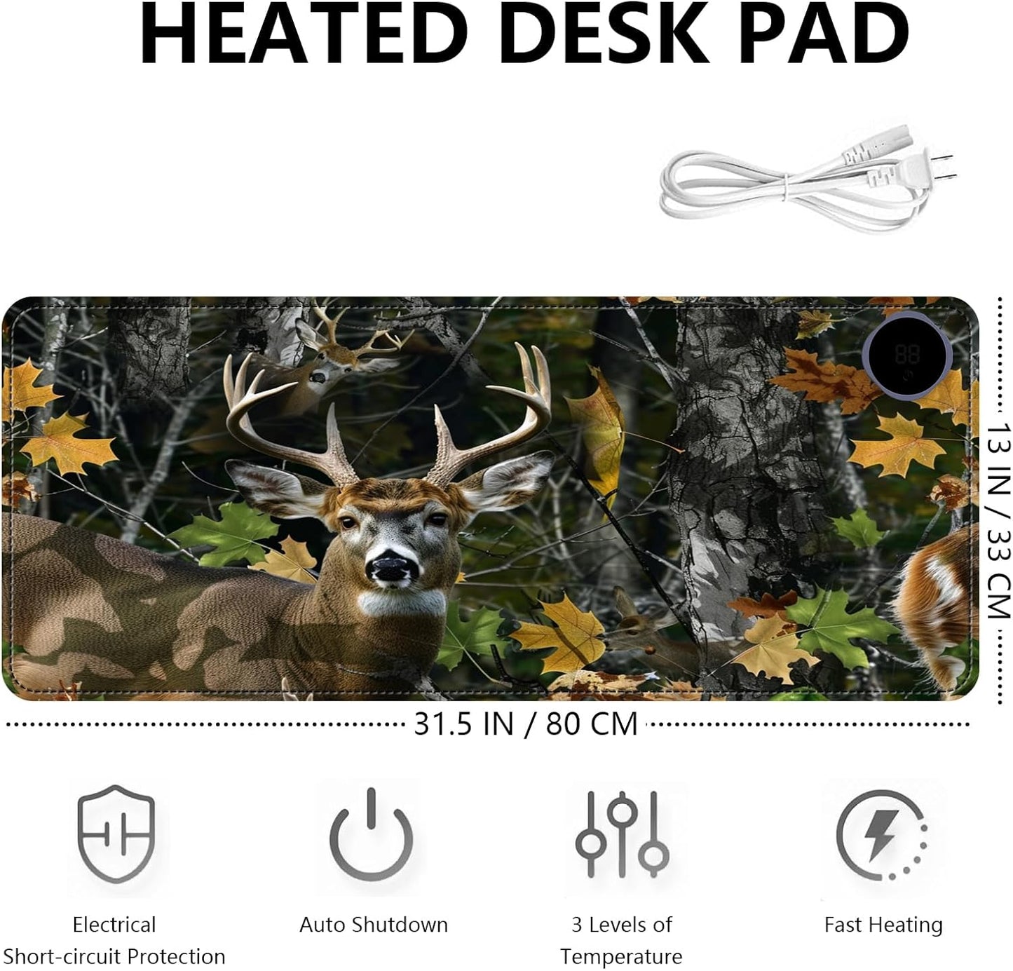 Heated Mouse Pad with 3 Levels Heated & 3 Hours Auto Shut-Off Mouse Pad for Warming Hands in Office Home, 31.5" x 13"Large Safe Desk Mat Hand Warmer，Maple Elk