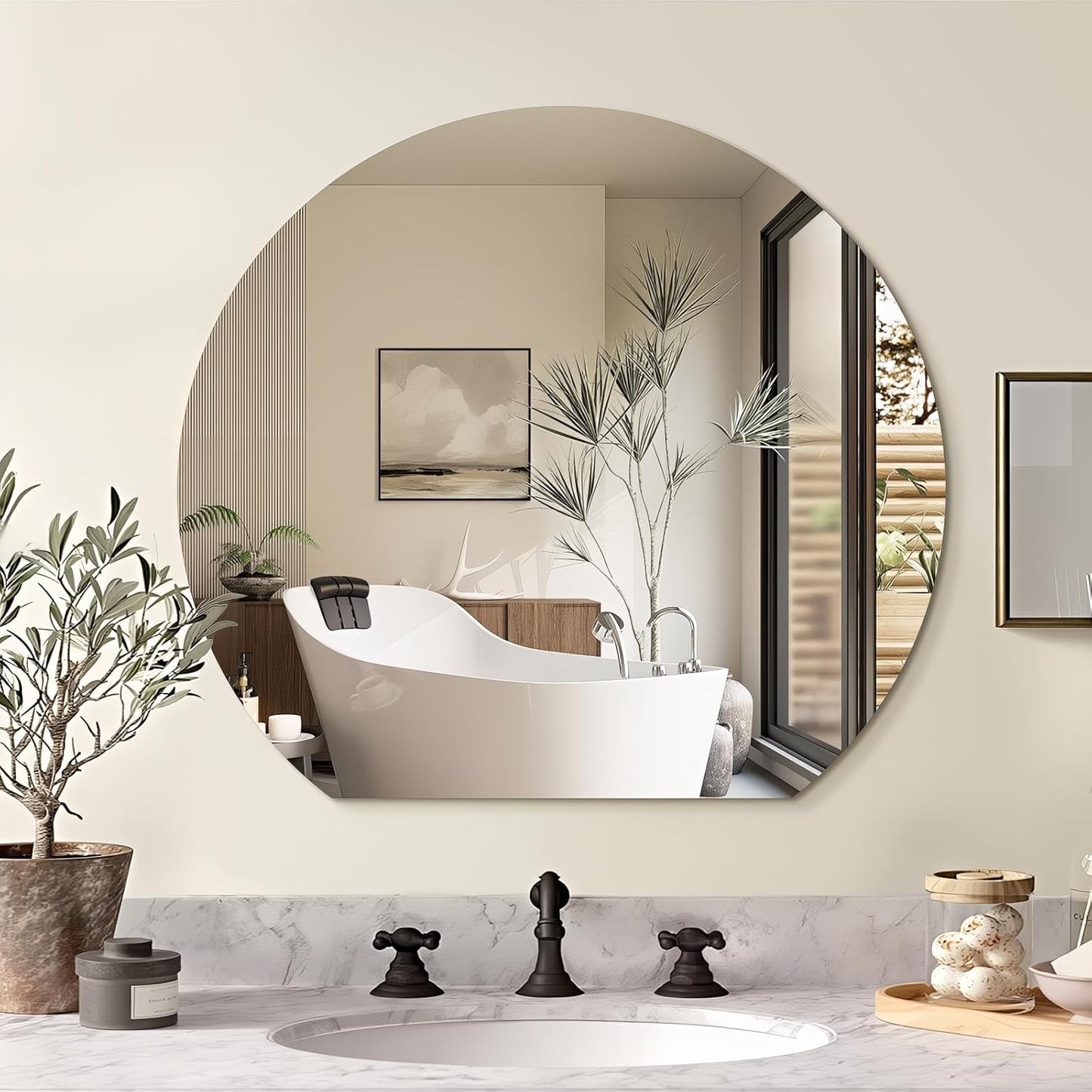 Half Moon Bathroom Mirror 24", Modern Frameless Wall Mirror, Hanging Decorative Vanity Mirror, Minimalist Explosion Proof Semi Circle Mirror for Living Room Bedroom Entryway, Down Cut